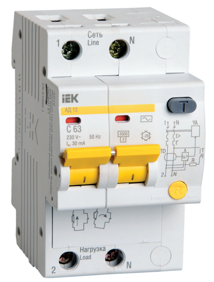 Дифференциальный автоматический выключатель АД12 2Р 63А 100мА IEK